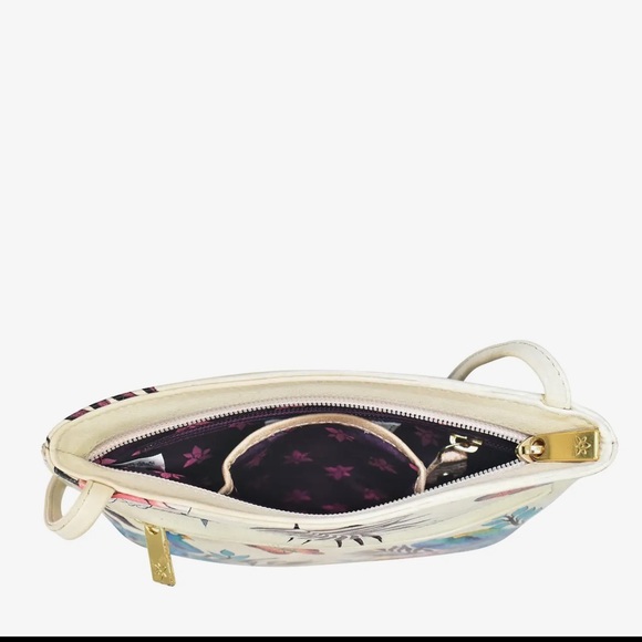 Anuschka Floral Peacock Print Cream Slim Crossbody Bag NWT - Picture 4 of 6